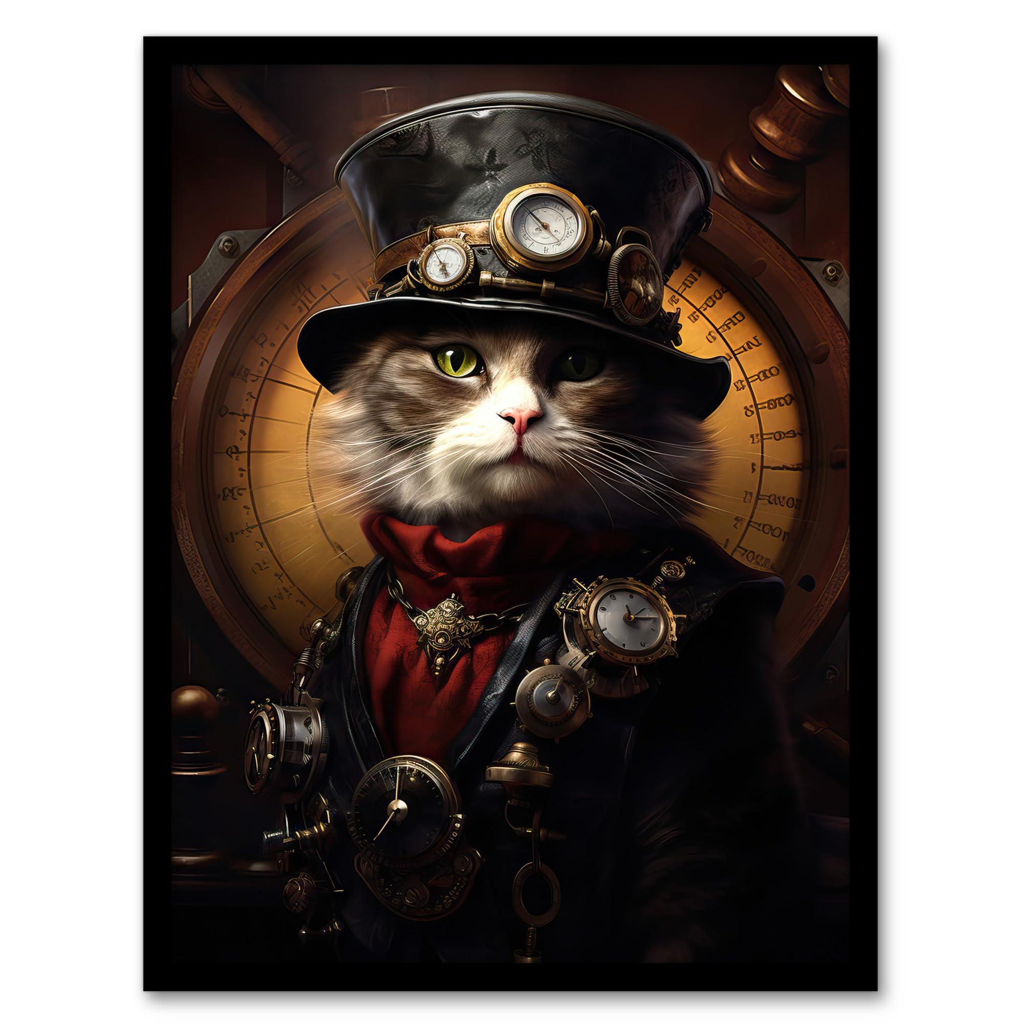 Artery8 Sir Henry Trumpington III Steampunk Sea Cat Captain Fun Artwork Framed Wall Art Print A4
