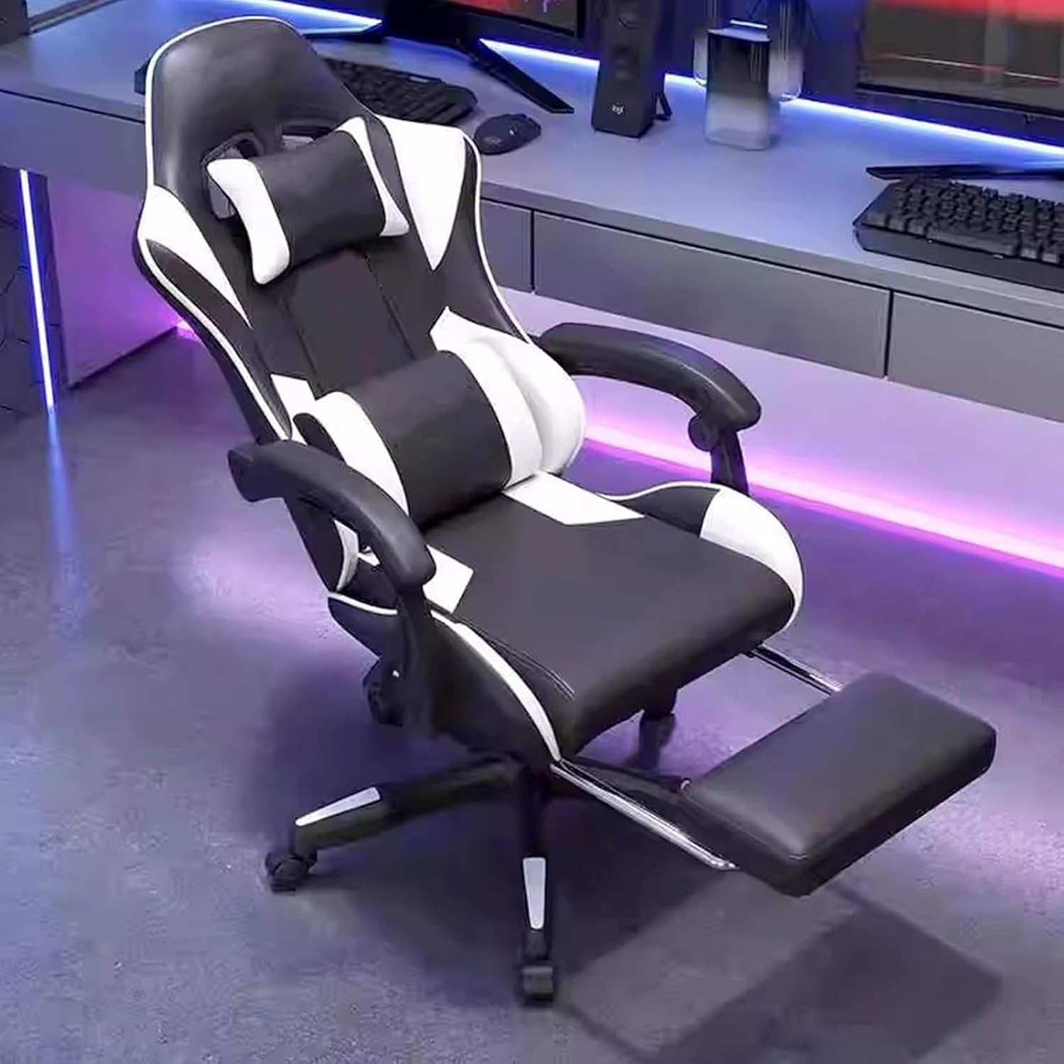 Video Game Chair with Lumbar Support and Headrest, 400 Lbs Adult Computer Office Chair with Footrest and Linked Armrests, Low-Noise Wear-Resistant Pulley, Stable Load-Bearing