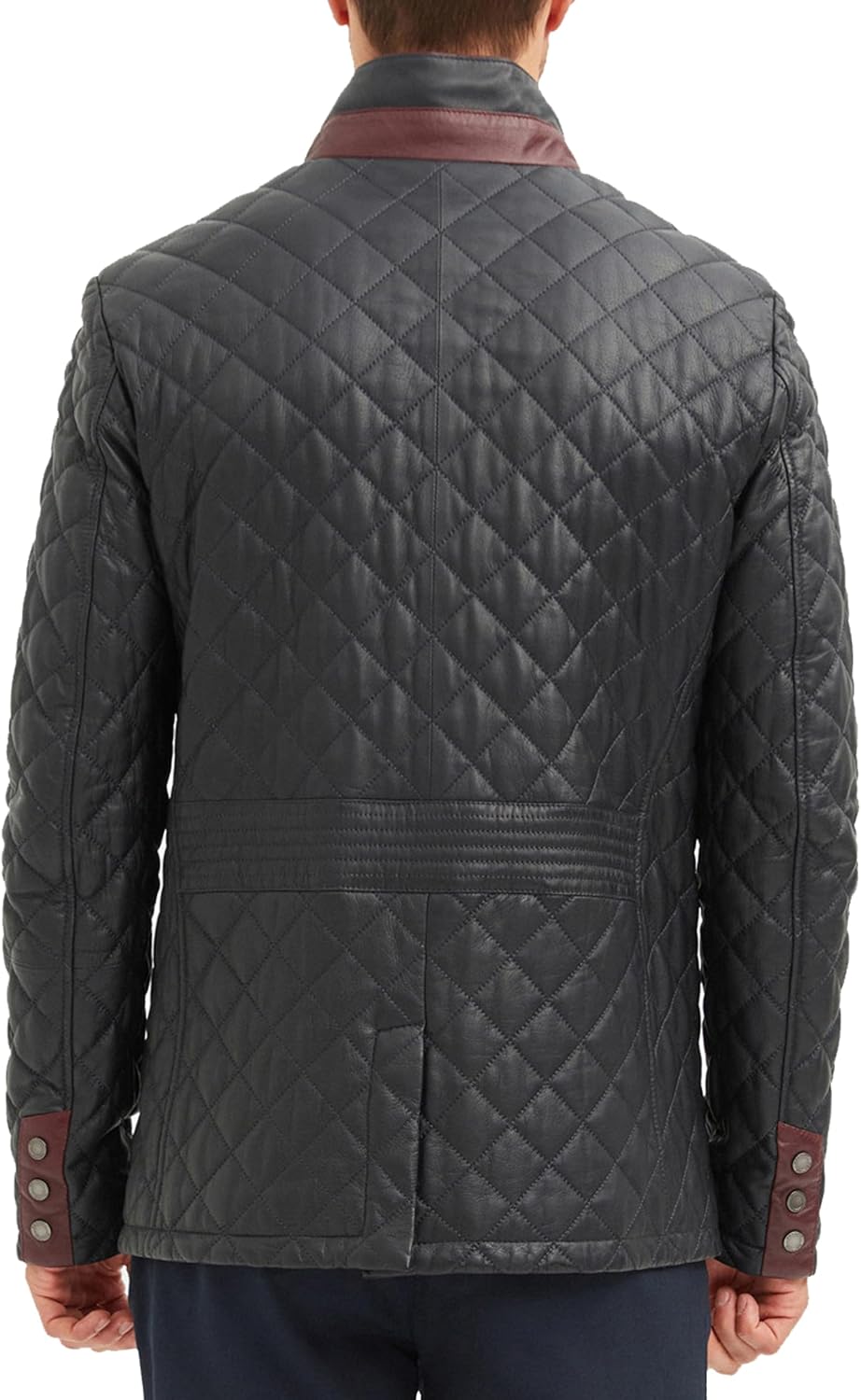 Bigardini Men's Quilted Leather Coat - Real Lambskin Italian Leather Jacket (Navy/Burgundy)