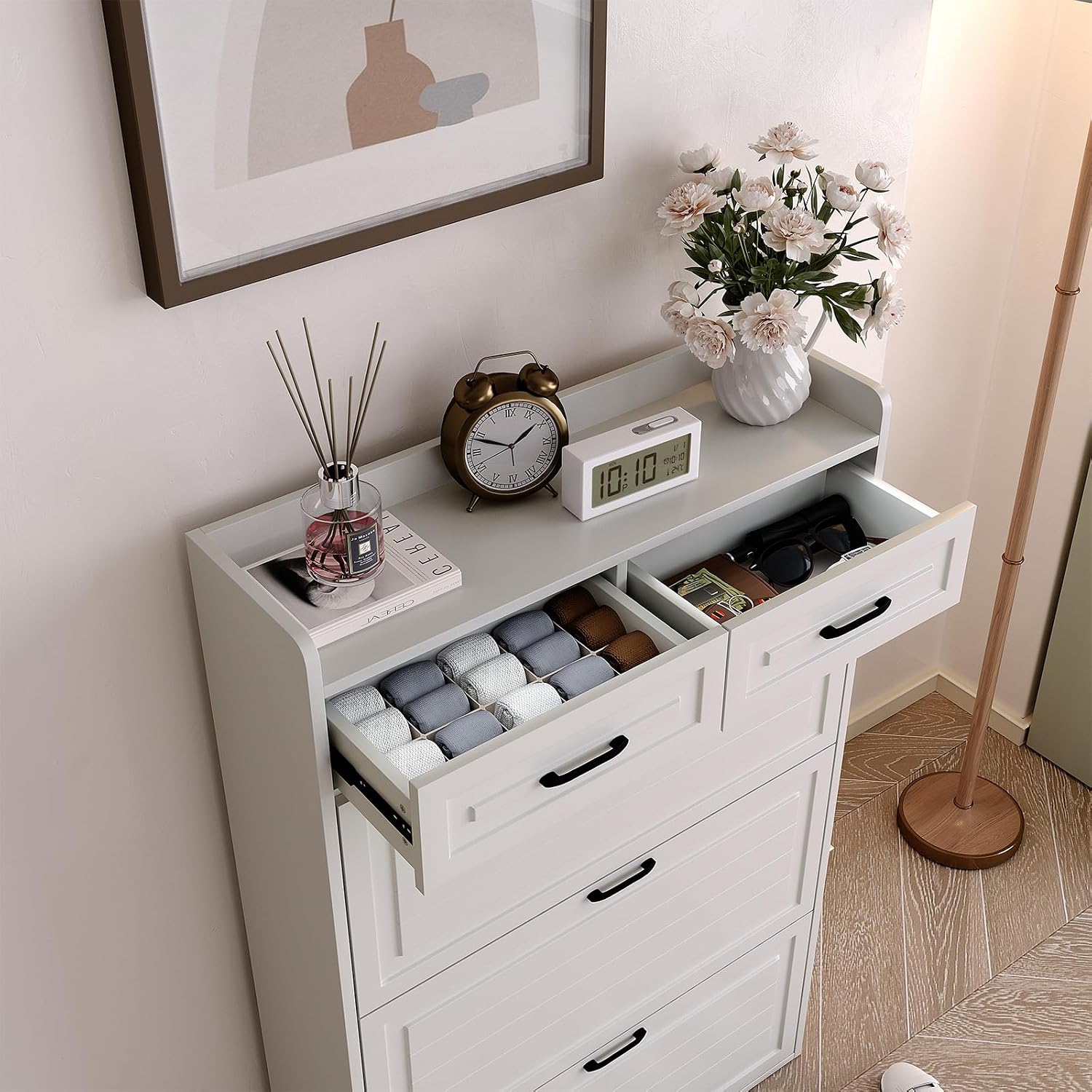 GarveeHome Shoe Storage Cabinet with 3 Flip Drawers and 2 Drawers, Hidden Wood Shoe Cabinet for Entryway, Freestanding Shoes Organizer Cabinet, Narrow Shoe Rack, White