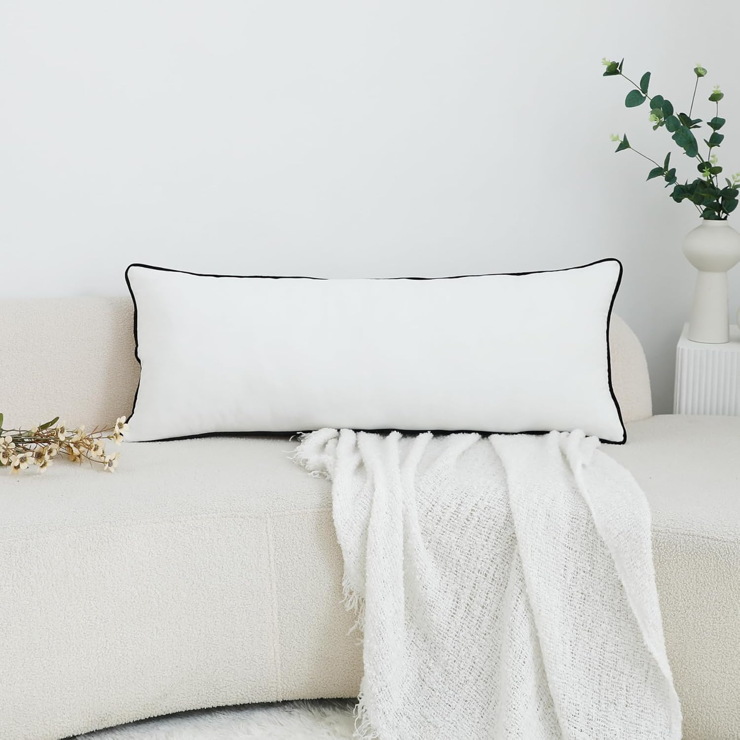 ligicky long lumbar pillow cover 16x36 inch white velvet black rope edging throw pillow covers decorative rectangular body pillow case accent textured cushion cover for bed couch(cover only) 36" x 16" (pack of 1) white 1