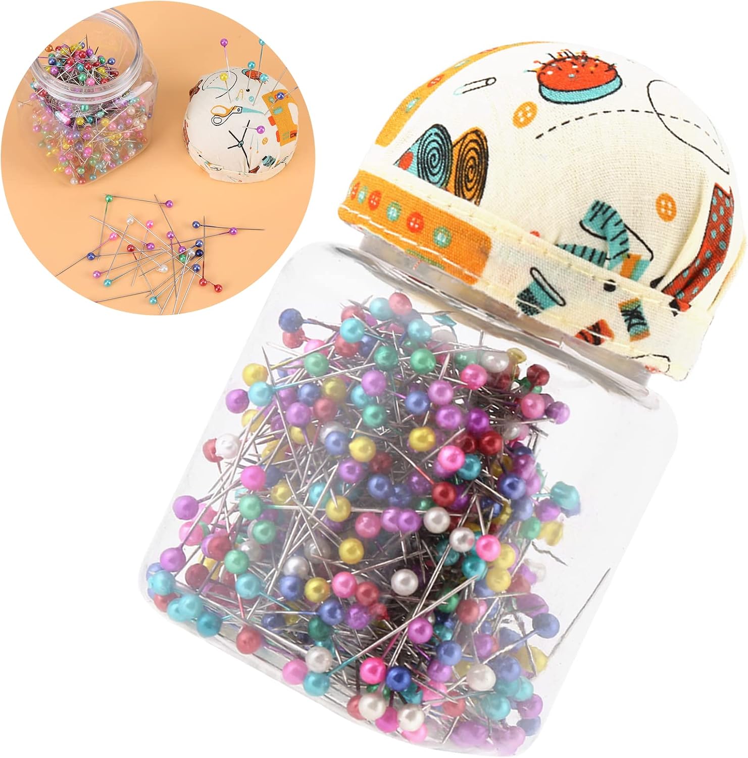 500Pcs Sewing Needle Pins,38mm Pin Sewing with Needle Cushion Holder and Glass Bottle
