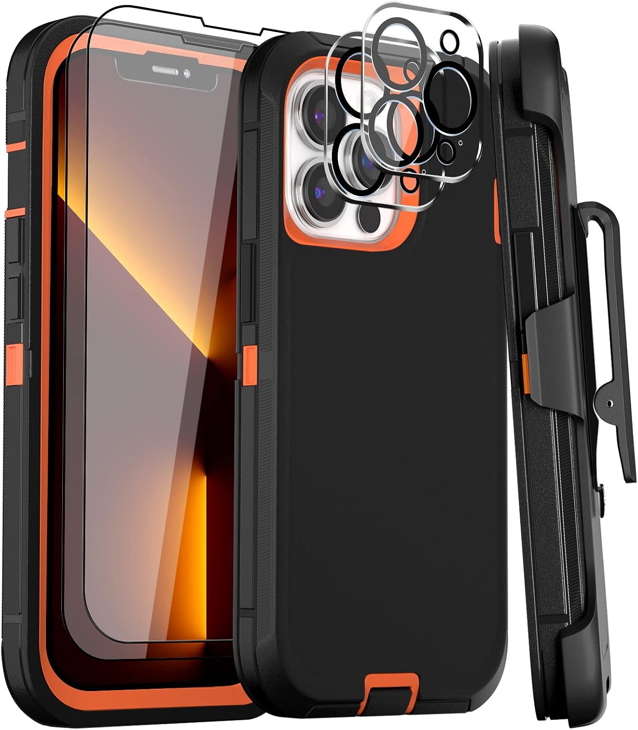 Case for iPhone 13 Pro Max Case 6.7" Belt-Clip Kickstand Holster with 2 Screen Protector + 2 Camera Lens Protector,Full Body Heavy Duty Military Grade Drop Protection Cover (Black Orange+Clip)