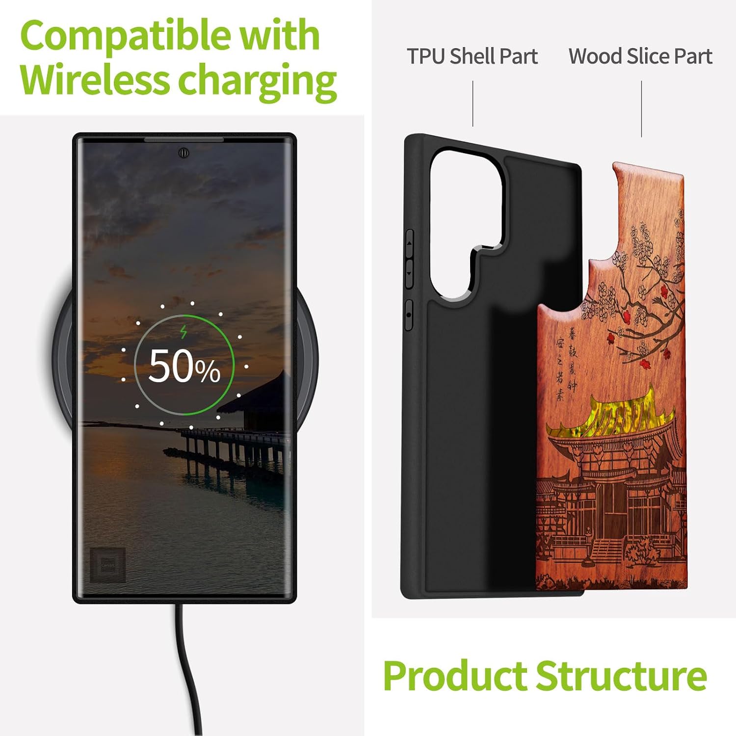 Carveit Designer Wooden Case for Samsung Galaxy S23 Ultra Cover [Wood Engraving & Shell Inlay] Compatible with Wireless Chargers S23 Ultra Case (Traditional Temple-Rosy)