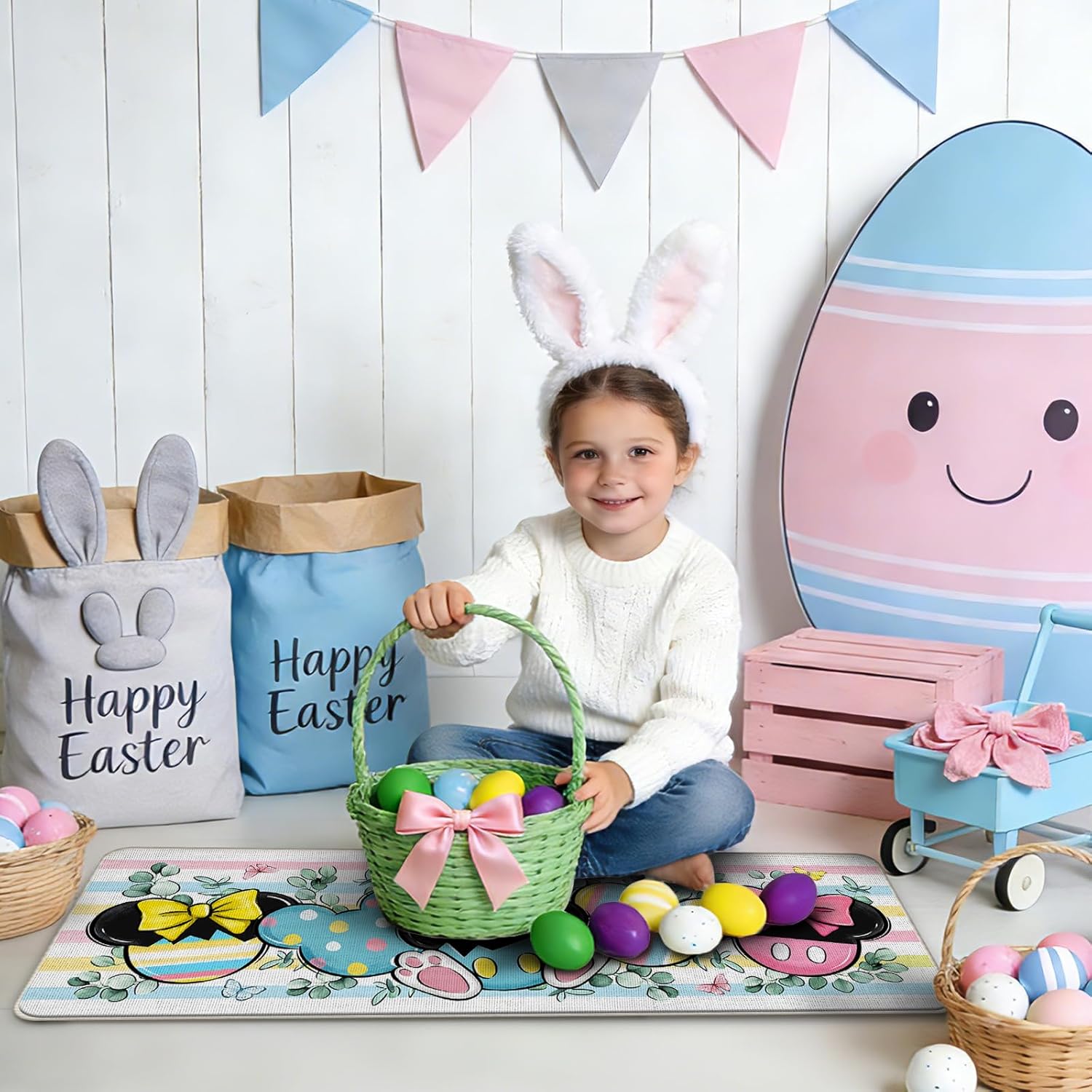 Easter Kitchen Rugs Set of 2, Bunny Ears Eucalyptus Leaves Butterfly Kitchen Mats Decor, Colorful Stripes Bow Floor Door Mat Home Decorations -17x29 and 17x47 Inch