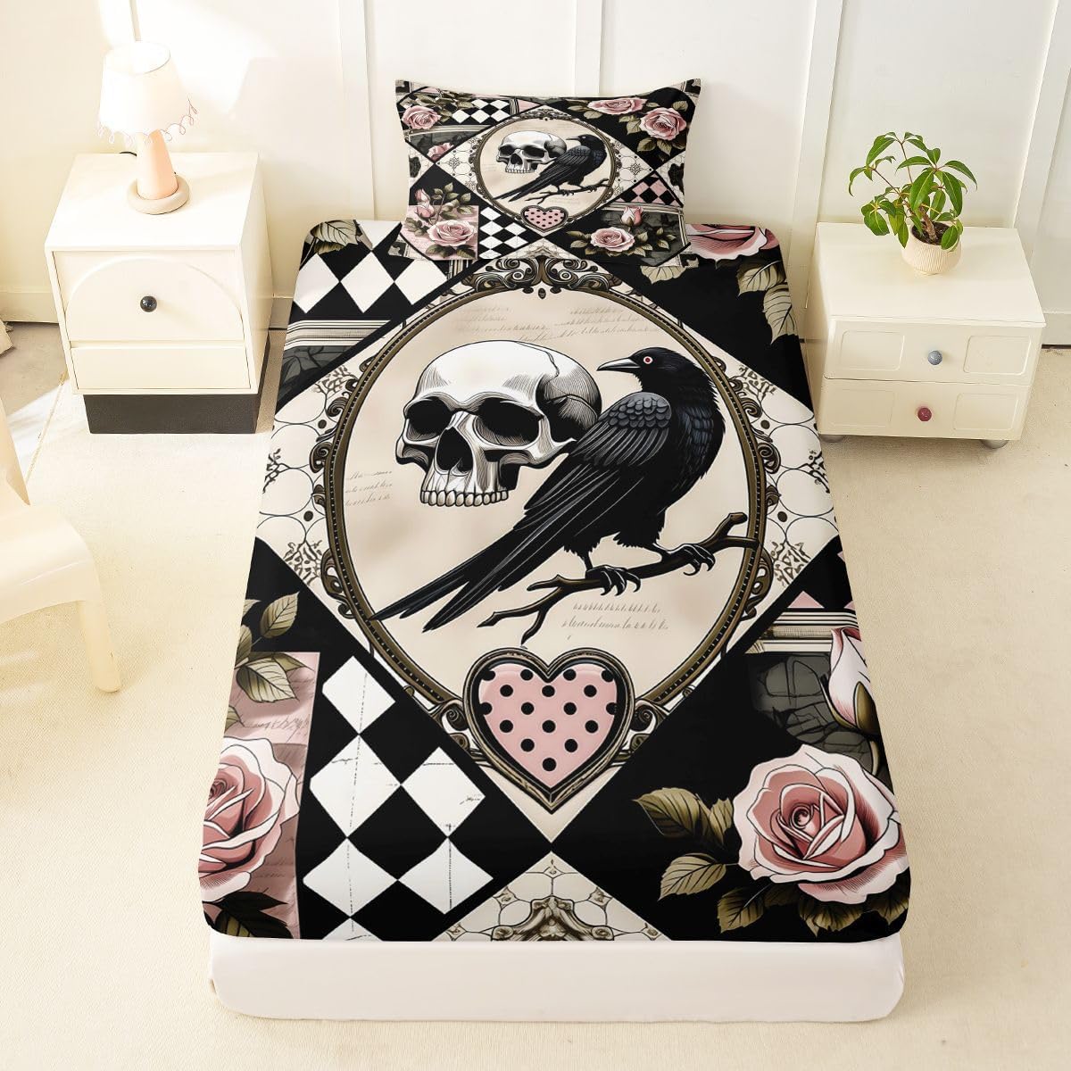 Castle Fairy Vintage Skull Fitted Sheet Twin Size (No Flat),Halloween Raven Rose Bedding Sets 2Pcs,Kids Girls Boys Room Decor,Cute Dots Heart Bed Sheets Geometric Grid Deep Pocket Sheet,1 Pillowcase