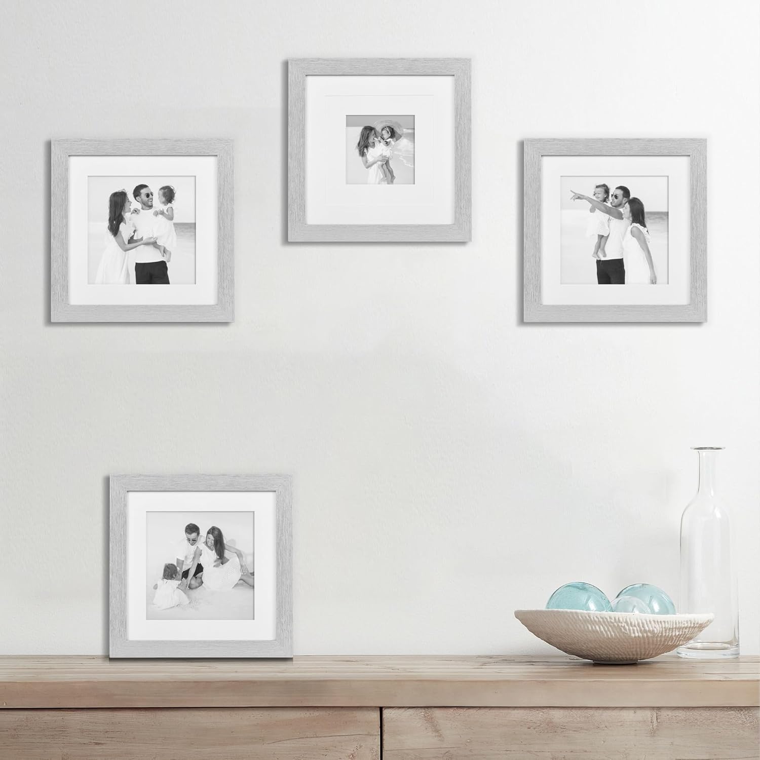 8x8 Wooden Picture Frame Set of 4 (with 6x6 4x4 Mat), Solid Wood with Real HD Glass, Tabletop or Wall Mount, Home Office Photo Frames Collage Wall Décor, Silver Silver 8x8