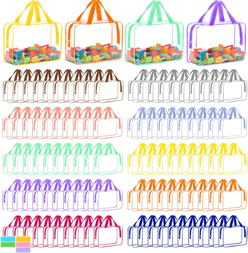 100 Packs Extra Large Toy Storage Bags Bulk with Zipper, Reusable Clear PVC Toy Organizer Bag with Labels for Blocks, 11.8″×8.6″×3.9″ Travel Waterproof Organizer Bags for Puzzles, 10 Colors