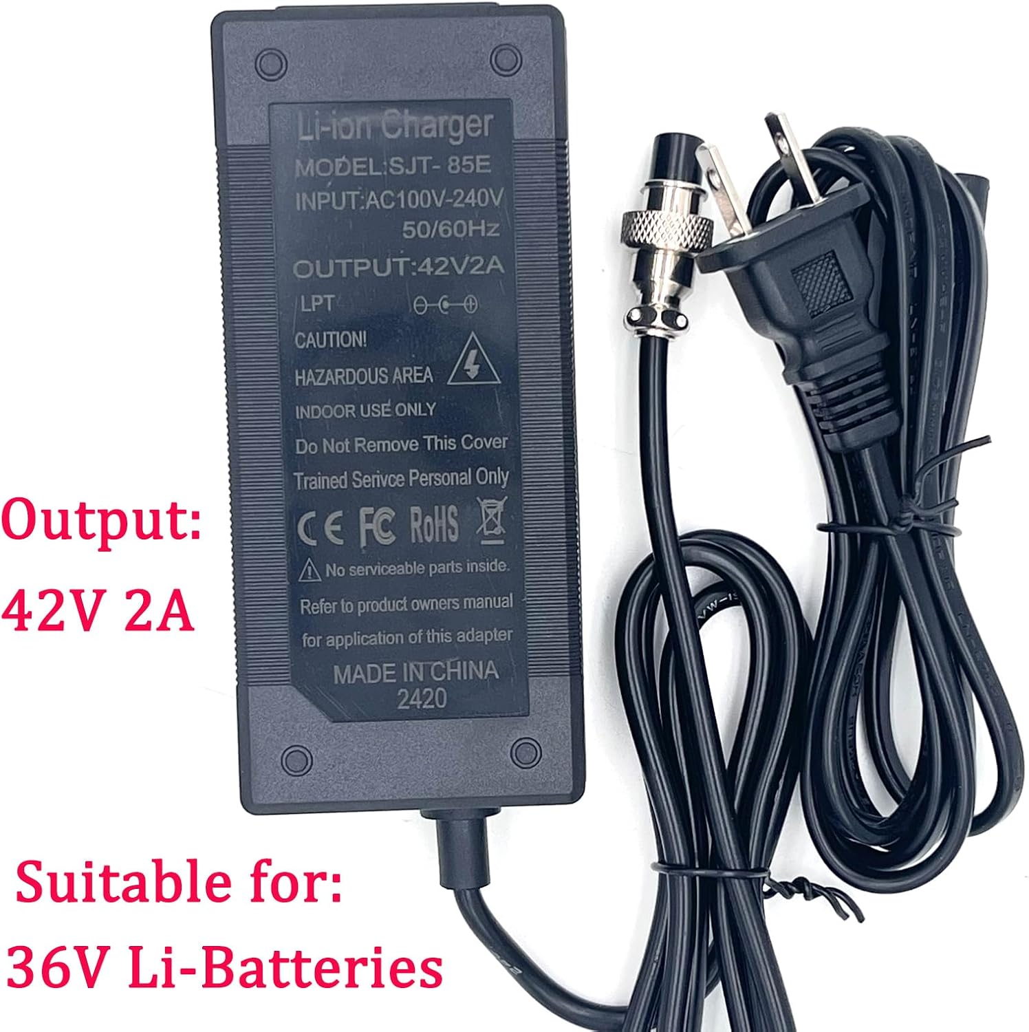 42V Electric Scooter Charger 4 Prong for Voyager 36V Batteries, 42V 2A 4-Pin Connector Battery Charger Replacement