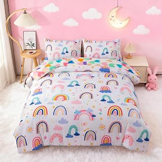 Btargot Lightweight Soft 3 Piece Rainbow Comforter Set with 2 Pillow Covers, Cartoon Leaves Flowers and Sun Star Bedding Set for Girls Boys Kids, Full White