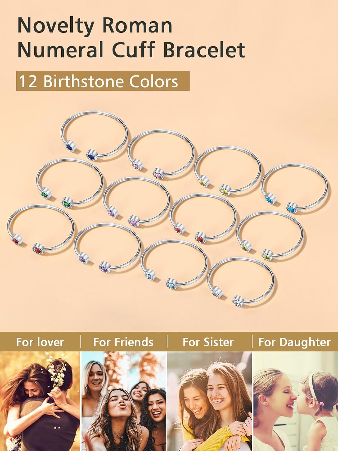 FindChic Stainless Steel Cuff Bracelets with Roman Numerals 12 Color Birthstones Bracelet for Women Girls Adjustable Bangle Lucky Birthday Jewelry Gift, with Gift Box