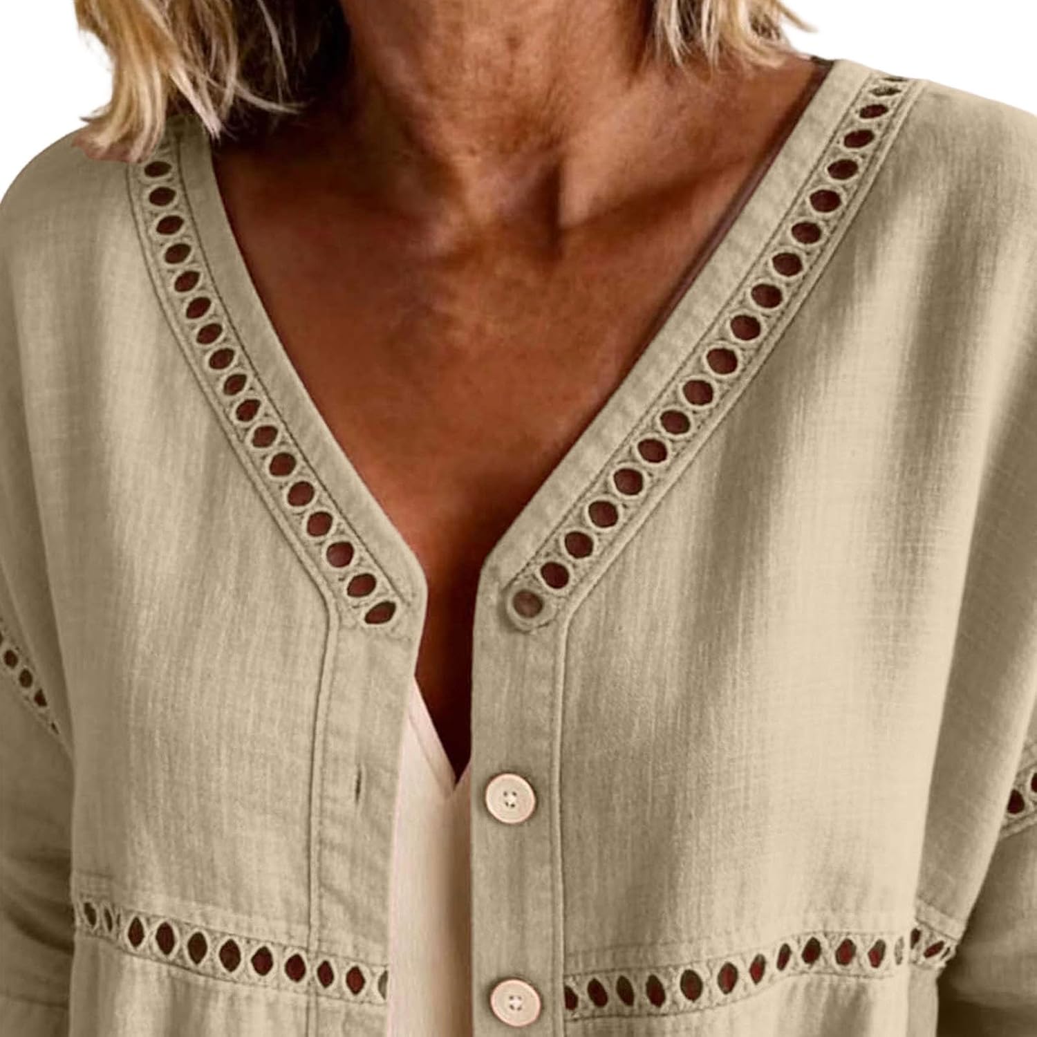 Women Cotton Linen Button Down Tops Casual 3/4 Sleeve Shirt Blouse Crew Neck Hollow Out Blouse Casual Boho Tshirts