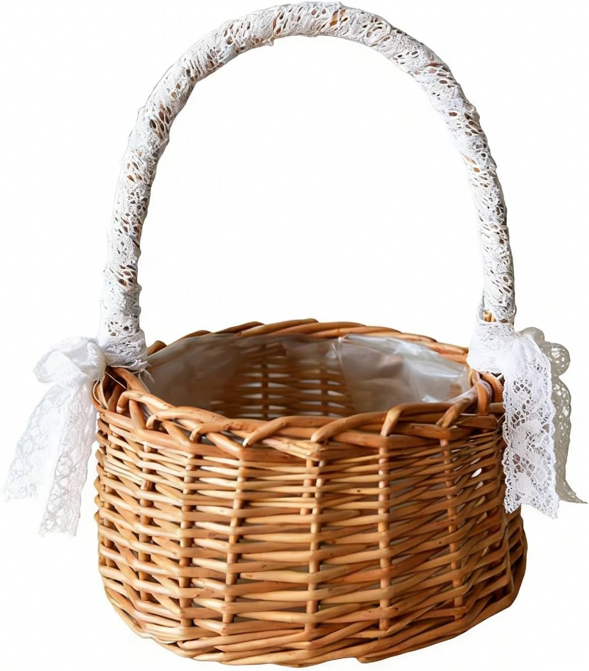 Ejoyous Wicker Rattan Flower Basket, Willow Handwoven Basket Wedding Flower Girl Baskets with Handles and Plastic Insert, Easter Eggs Candy Basket Home Garden Decor (S)