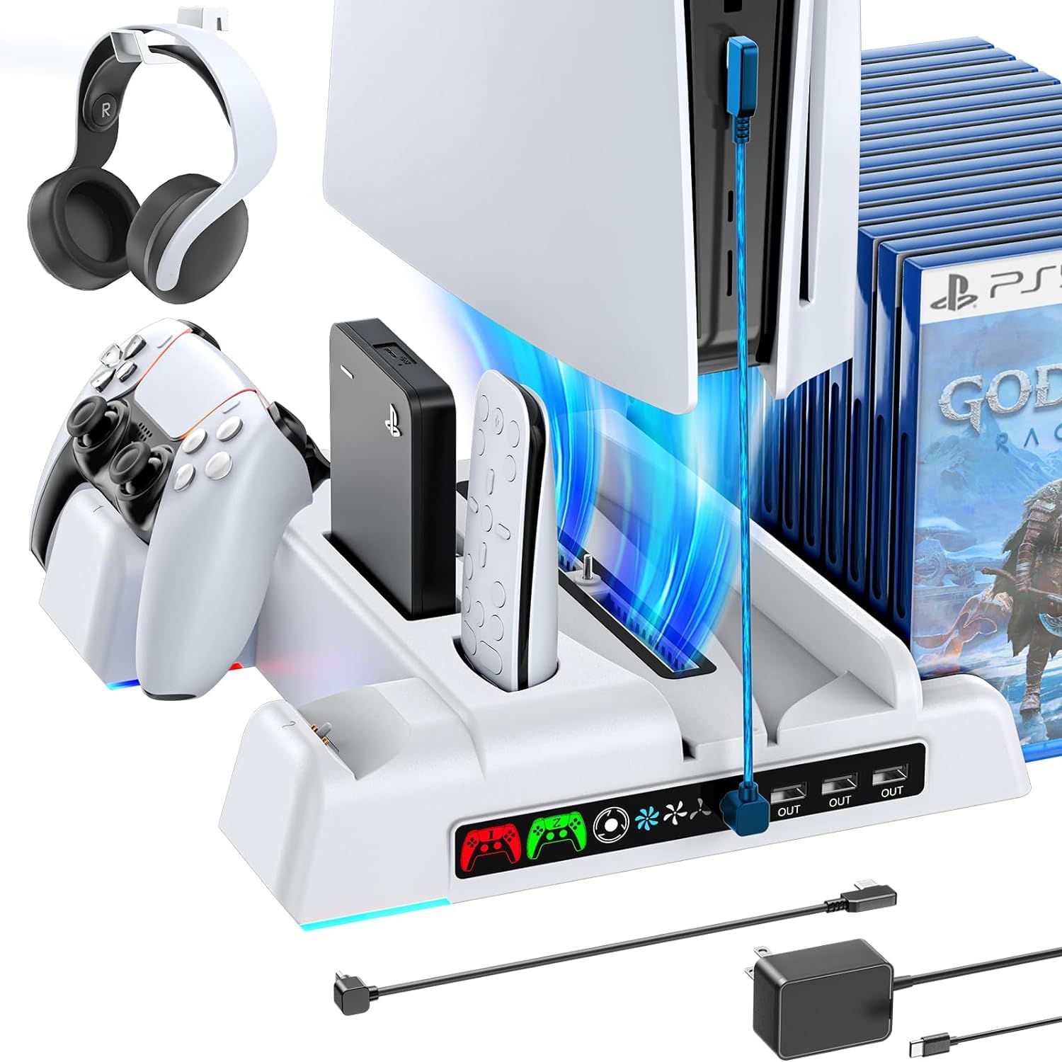 OIVO PS5 Stand with Cooling Station and PS5 Controller Charging Station for Playstation 5 Console Disc/Digital Edition, PS5/PS5 slim Cooling Fan Stand, PS5/PS5 Slim Accessories Vertical Stand with Game Slots