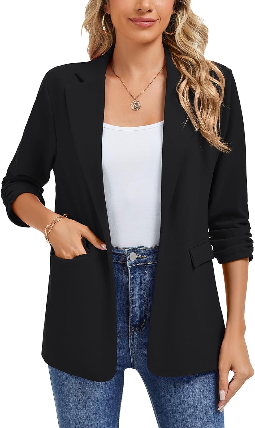 MINTLIMIT Shoulder Pad Blazer for Women Ruched 3/4 Sleeve Open Front Blazers Work Notch Lapel Jacket with Pockets