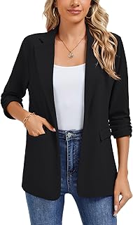 Shoulder Pad Blazer for Women Ruched 3/4 Sleeve Open Front Blazers Work ...
