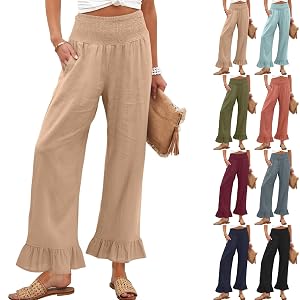 Linen Pants Women Smocked High Waisted Wide Leg Cropped Palazzo Pants with Pockets Flowy Boho Ruffle Ankle Beach