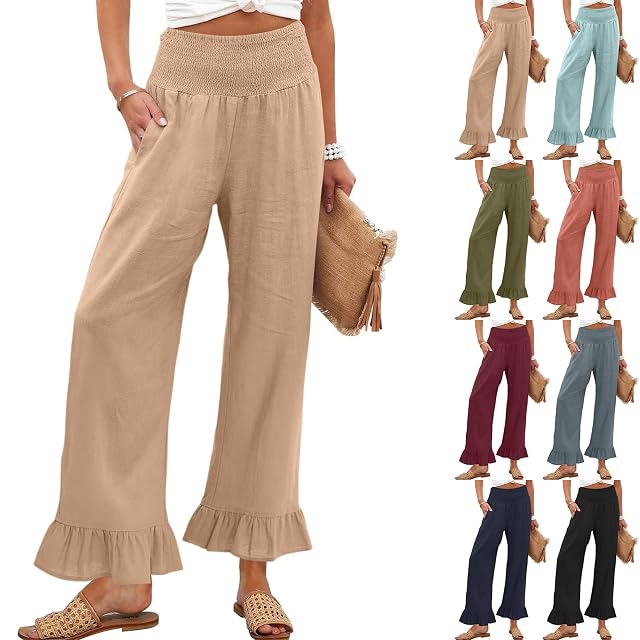 Linen Pants Women Smocked High Waisted Wide Leg Cropped Palazzo Pants with Pockets Flowy Boho Ruffle Ankle Beach