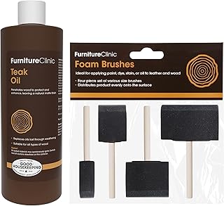 Furniture Clinic Teak Oil + 4 Pack Foam Brushes | Wood Oil Protects & Cleans Outdoor & Indoor Furniture, Boats, Shower Benches | Restore & Protect Wood, Prevent Drying & Other Damage | 17oz/500ml