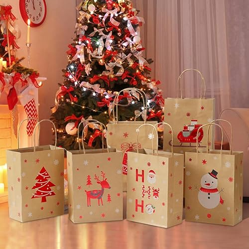 Miniatura 8 de Vammy Paquete de 24 pequeñas bolsas de regalo de Navidad con asas, 6 diseños, bolsas de papel kraft de Navidad a granel para Navidad, fiestas y