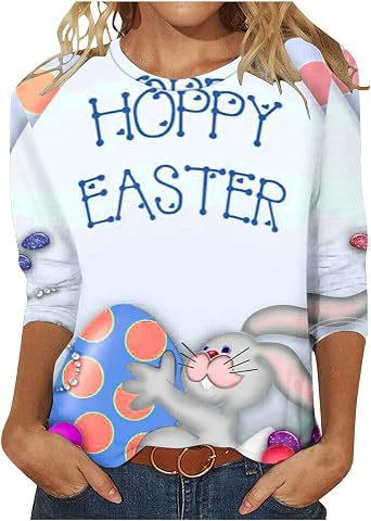 Womens Happy Easter Shirt 3/4 Sleeve Funny Tops Rabbit Graphic Colored Eggs Print Tee T-Shirts Easter Day Gifts