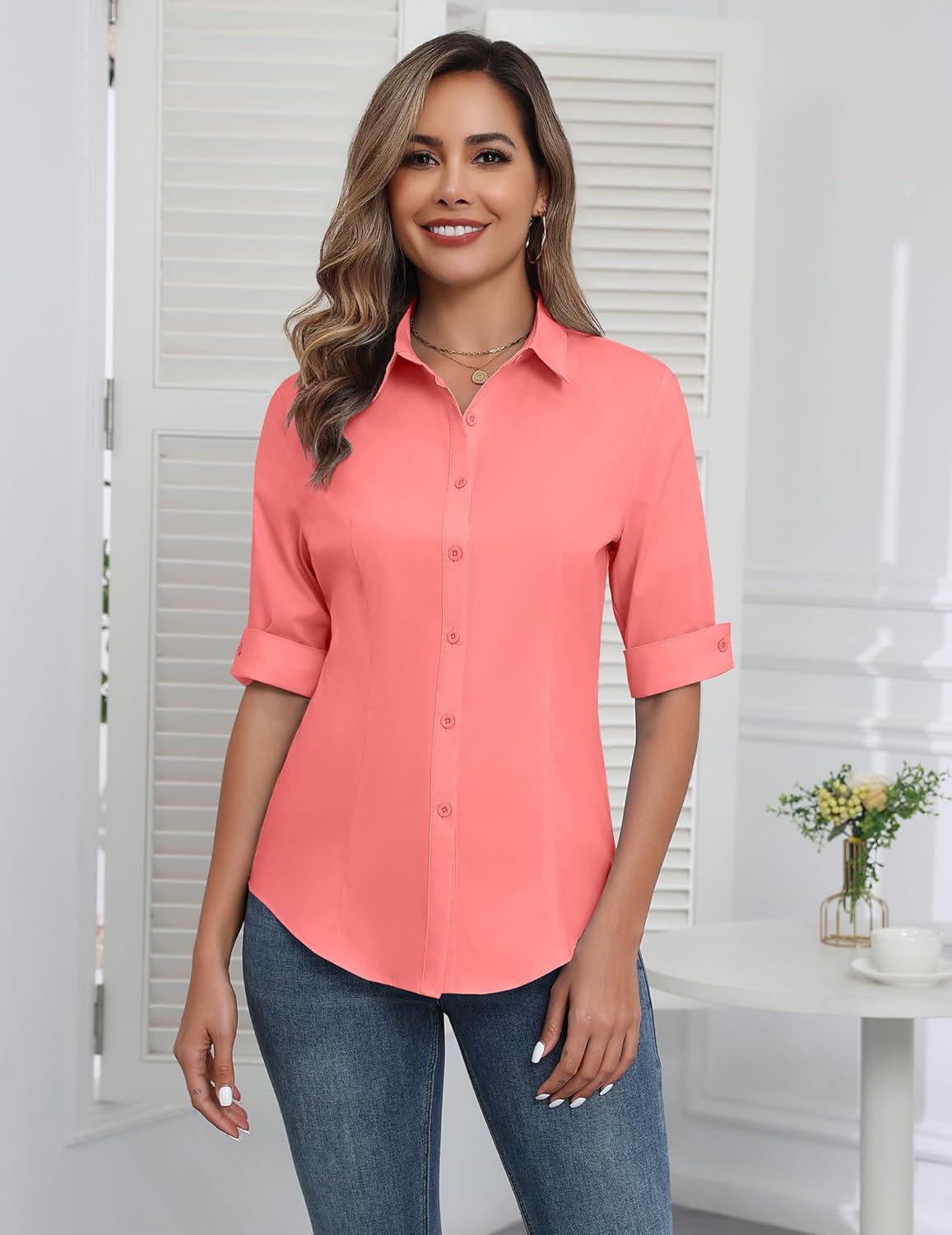 Zeagoo 3 4 Sleeve Button Up Shirts for Women Coral - Image 2