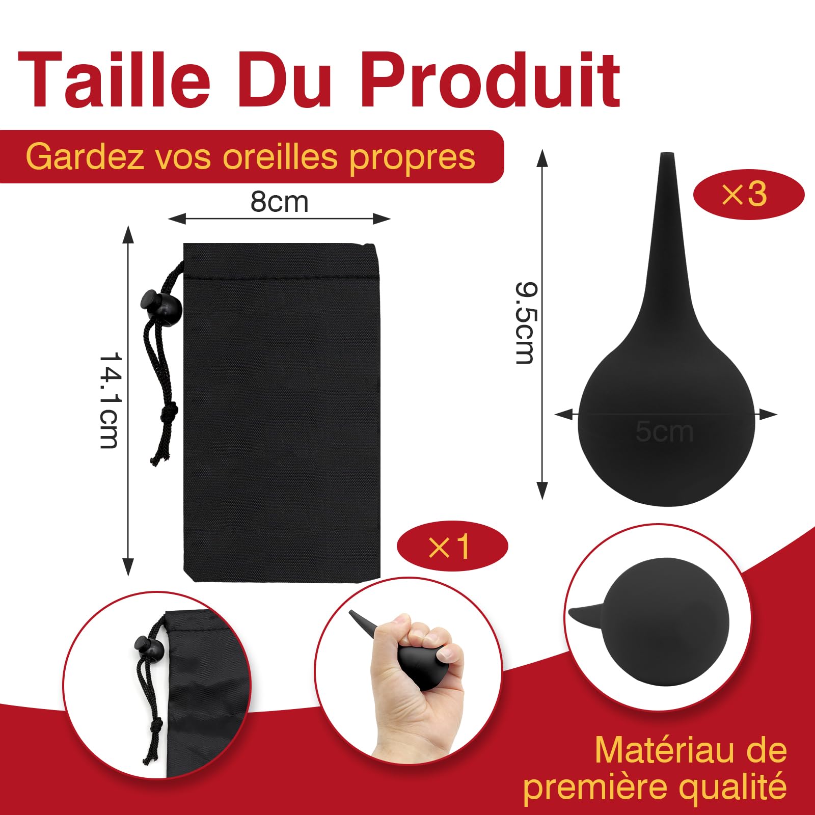 3 PCS Poire Lavement Oreilles, Poire Oreille Bouchon Adulte Enfant avec Sac Tissé Poire Effilée pour Nettoyer les Oreilles Seringue oreille Utiliser pour Nettoyage des Oreilles (Noir)