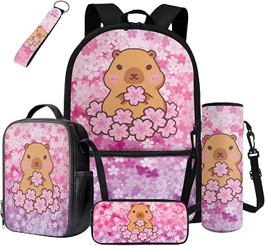 Cherry Blossoms Capybara Backpack for School Girls Bookbag with Lunch Box Ages 6-8 8-10 Lightweight Kids Schoolbag for Elementary Kindergarten Travel Daypack Satchel