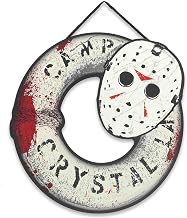 Open Road Brands Friday the 13th Horror Movie Wreath Hanging Wood Wall Decor - Scary Jason Mask Sign for Halloween Decorating