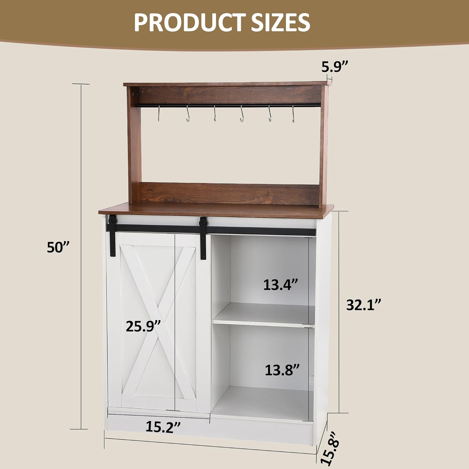 Farmhouse Coffee Bar with Sliding Barn Door, White Home Coffee Bar Station Cabinet with 6 Hooks Adjustable Shelves, Corner Hutch Buffet Cabinets with Storage for Kitchen Living Dining Room