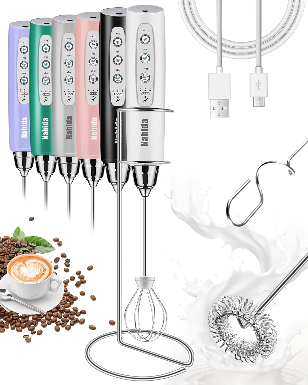Nahida White Milk Frother with Stand & Black Frother Handheld Rechargeable Electric Whisk with 3 Heads 3 Speeds