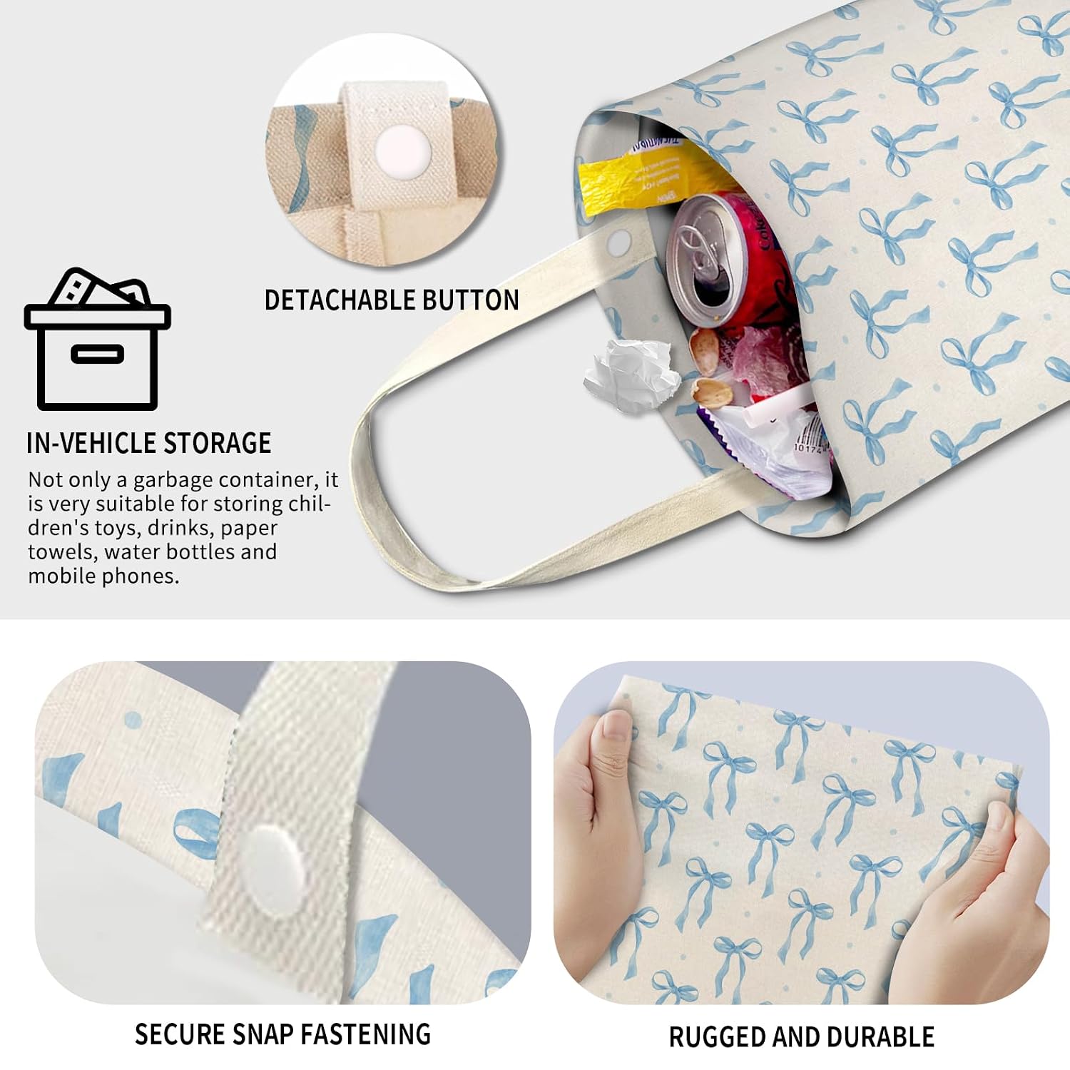 Cute Car Trash Can, Hanging Canvas Car Back Seat Organizer and Storage Bag, Funny Car Trash Bag For Travelling, Outdoor Cute Blue Bows
