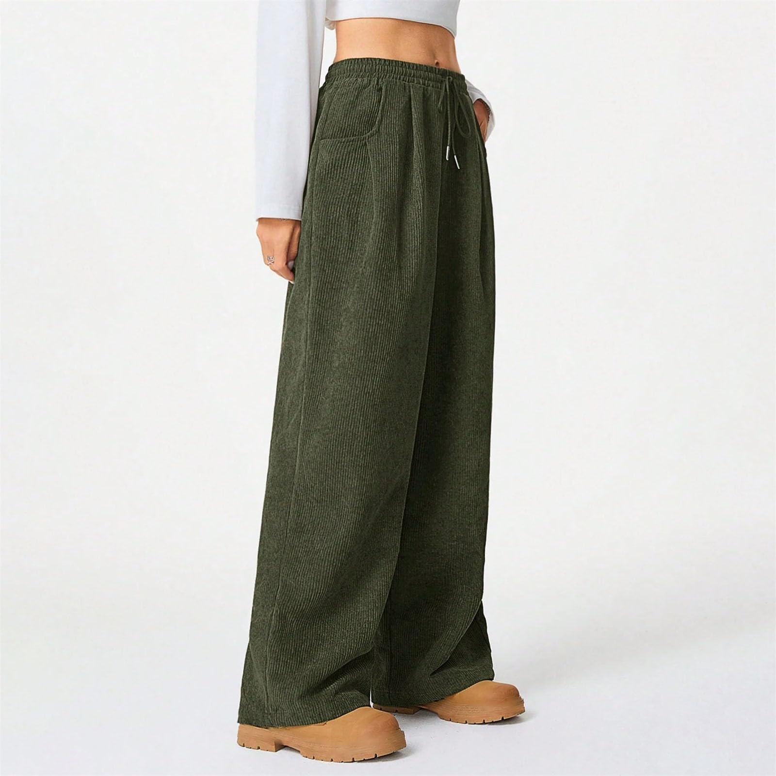 Generisch Pantaloni in velluto a coste da donna, a gamba larga, con elastico in vita alta, larga, per il tempo libero, vestibilità comoda, da donna, in tessuto con elastico in vita e tasche, casual