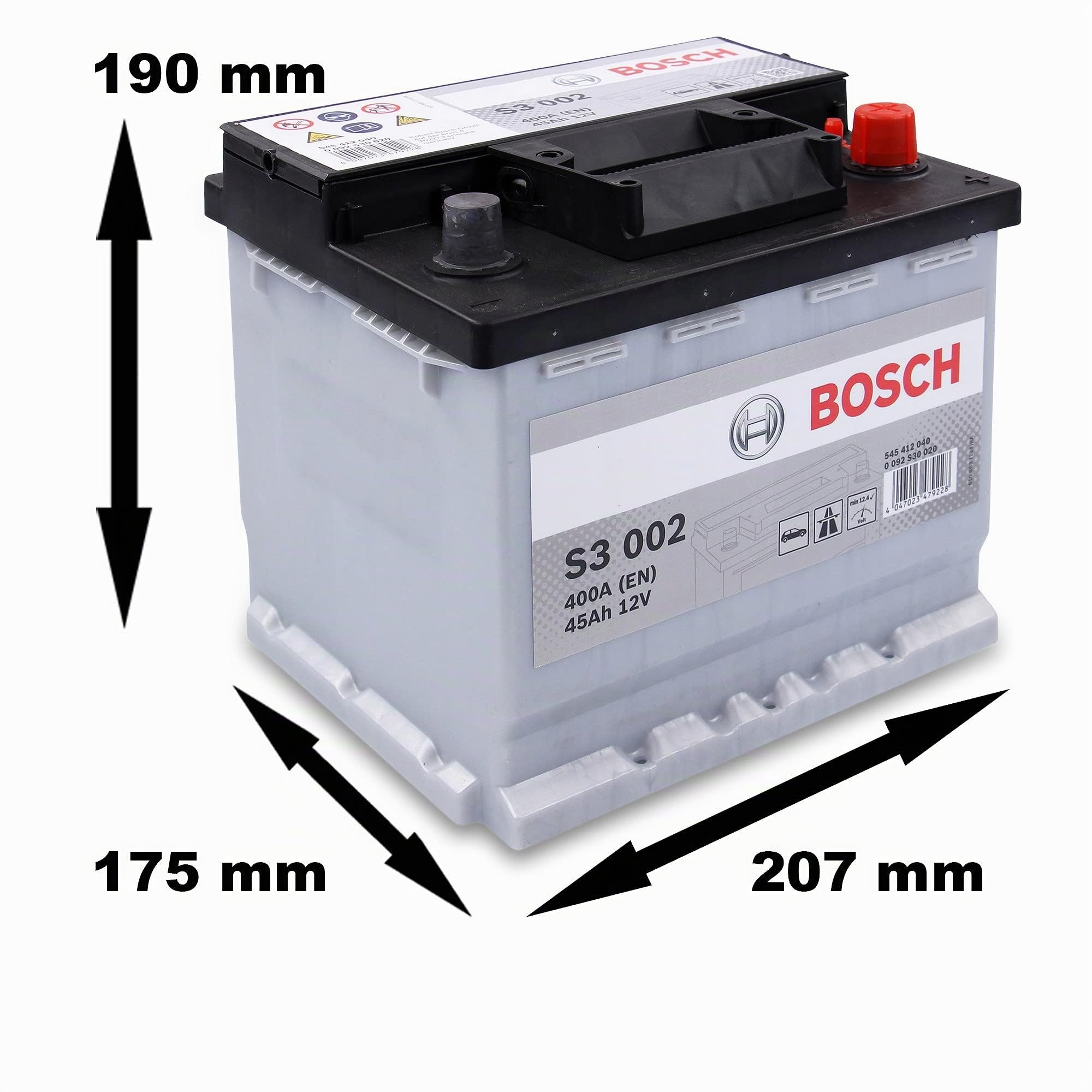 BOSCH Batería 45, Ah 400, A/EN 0 092 S30 020 L 207mm B 175mm H 190mm Compatible con VW Polo V Hatchback 6R1, 6C1, OPEL Corsa D Hatchback S07, CITROËN C3 II SC, SKODA Fabia II Combi 545, TOYOTA