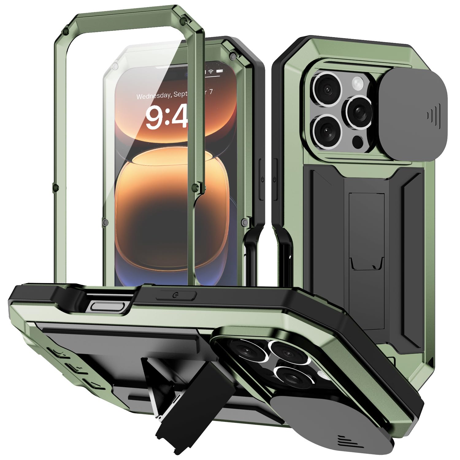 Compatible With iPhone 16 Pro Max Metal Heavy Duty Case with Camera Cover Stand Screen Protector Kickstand Full Body Military Sturdy Armour Armor