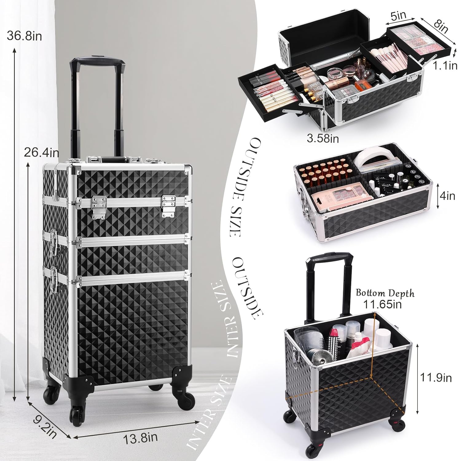 Cosmetology Case on Wheels 3 in 1 Rolling Makeup Train Case Nail Tech Makeup Organizers Storage Cart Cosmetic Trolley Travel Barber Suitcase for Make up Artist Manicure Hair Lockable, Black