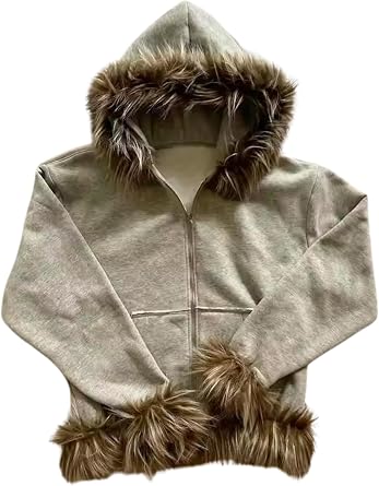 Fur Zip Up Hoodie Y2k 2000s Hood Jacket Fluffy Coat Emo Grunge Alt Clothes Gyaru Fashion Streetwear