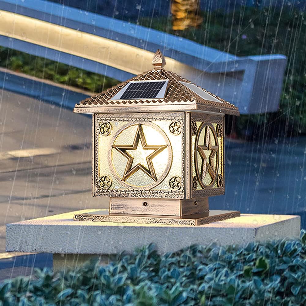 Outdoor Solar Post Light Waterproof Pillar Lamp Chinese Aluminum Column Lamp with Glass Lampshade LED Fence Outer Stigma Lamp Courtyard Gate Landscape Lamp, Bronze, Length 25cm