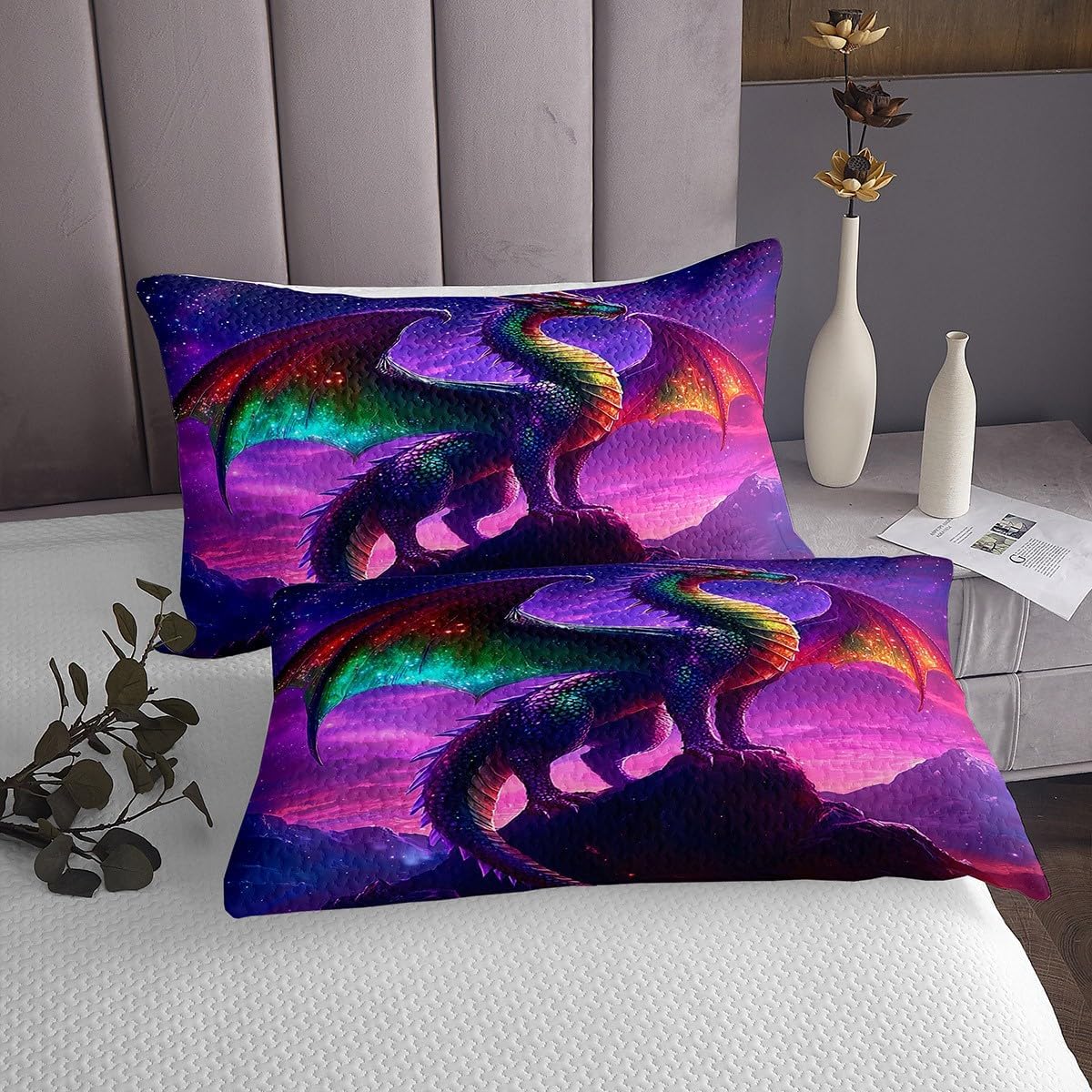 Feelyou Dragon Bed Sheet Set Queen Size Kids Red Rose Dragon Fitted Sheet Chinese Traditional Culture Bedding Set Galaxy Dragon Purple Bed Cover Deep Pocket(No Top Ssheet) 3Pcs