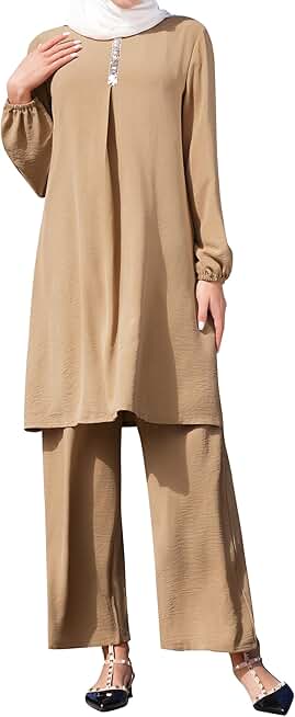 Two-piece long sleeve Round Neck Kaftan Dress Abaya Top with Loose Wide-Le