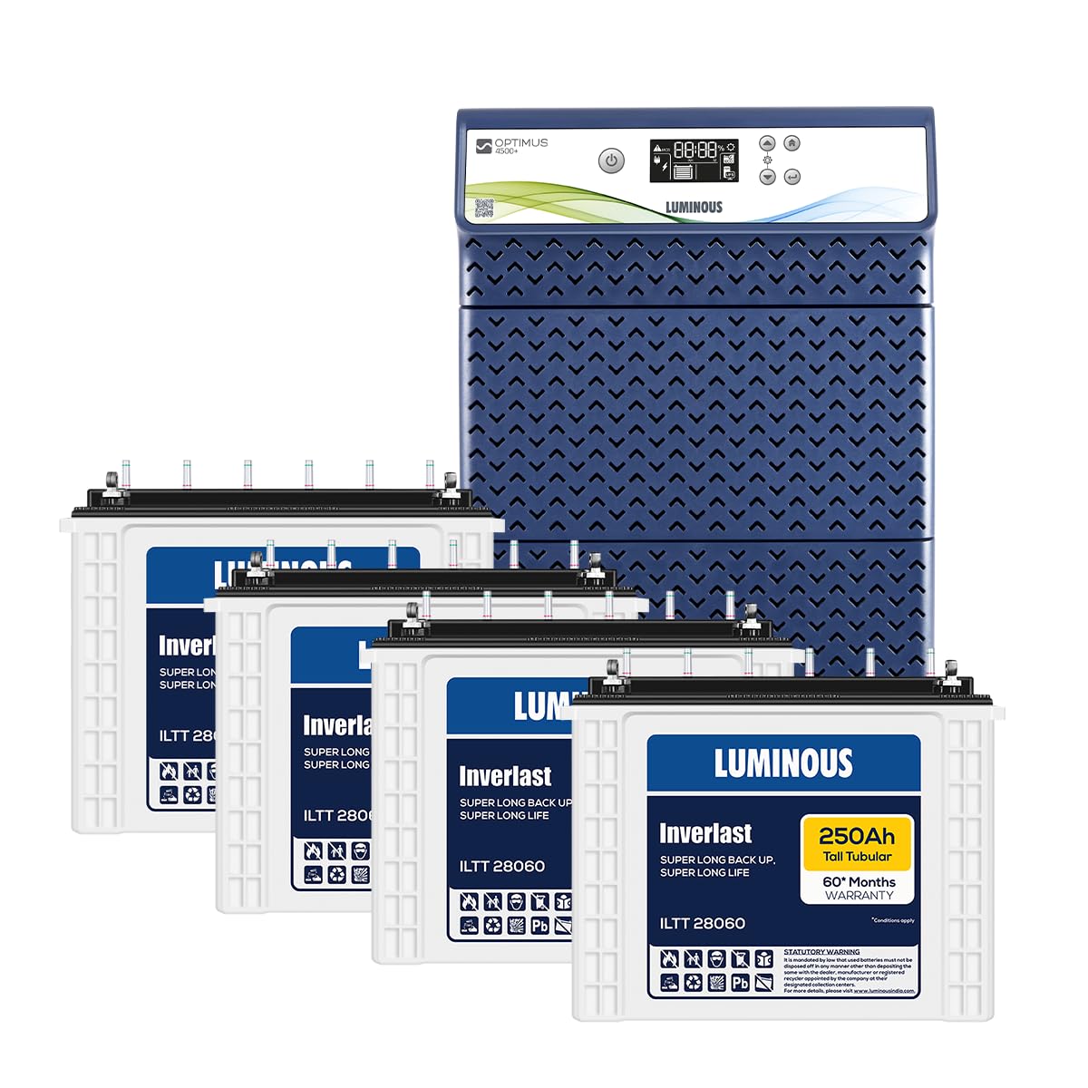 Luminous Optimus 4500+ Inverter with four Inverlast ILTT28060 Tall Tubular Batteries