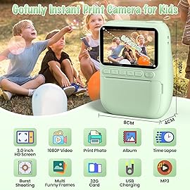 Kids Camera Instant Print, 3.0 HD 32MP 1080P Toddler Digital Camera with 3 Rolls of Printer Paper, Birthday Gifts Toy for 3-12 Year Old Girls Boys with 32GB SD Card-Green