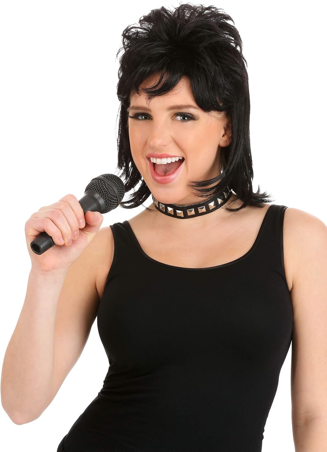 Women's 80s Rockstar Wig: Punk Rock Black Wig Wavy Curly Style for Adults | Iconic 80s Rocker Cosplay Hairpiece
