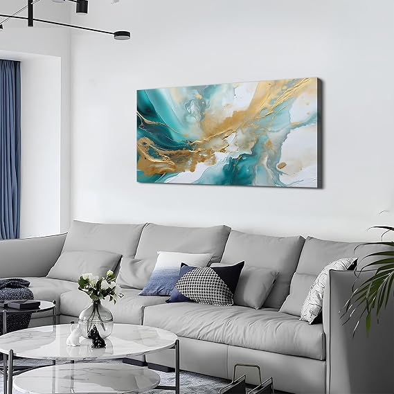 Turquoise Abstract Wall Art Teal and Gold Wall Decor Modern Marble Texture Wall Pictures for Living Room Watercolor Splash Painting Canvas Prints Framed Fashion Artwork Bathroom Decorations 20x40