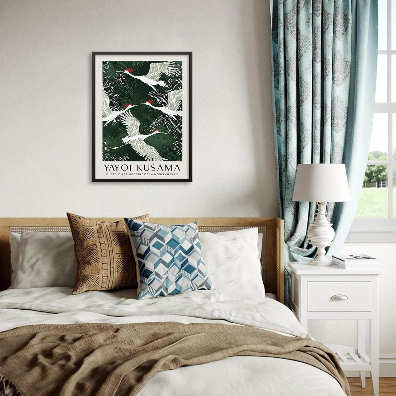Yayoi Kusama Wall Art Japanese Flying White Cranes Poster 12x16 inch Black Framed Modern Vintage Green Bird Canvas Prints for Living Room Bedroom Dorm Wall Decor