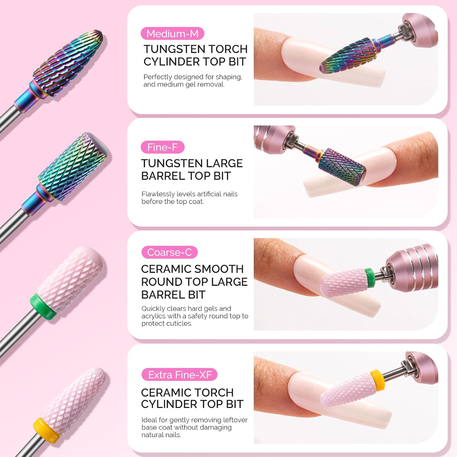 MelodySusie 10Pcs Nail Drill Bits Set, 3/32'' Tungsten Carbide & Ceramic Efile Bits for Acrylic Gel Removal, Diamond Cuticle Bits for Manicure Prep, Salon Home Nail Care Supplies,Pink & Colorful