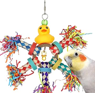 Super Bird Creations SB1208 Just Ducky Bird Toy - Rubber Ducky with Bamboo Finger Traps - Colorful Parrot Toy for Preening and Chewing - Designed for Ringnecks, Cockatiels - Ideal for Medium Bird Size