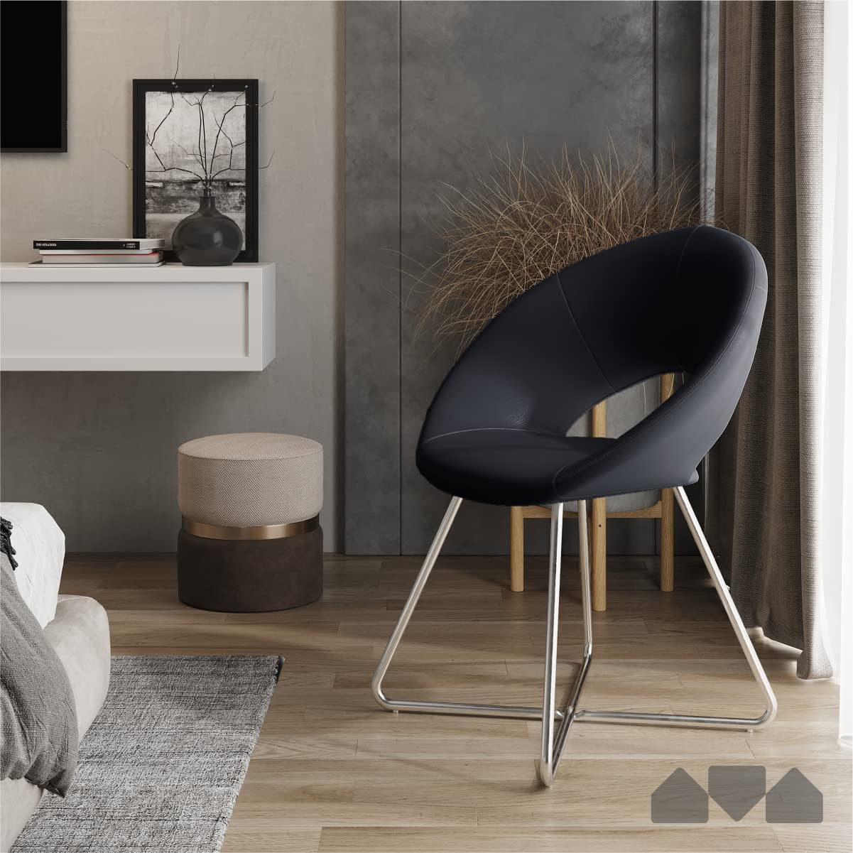 Milliard Circle Leather Accent Chair for Living Room, Kitchen, Home Office and Bedroom, Modern Dining Room Chair with Chrome Legs (Black)