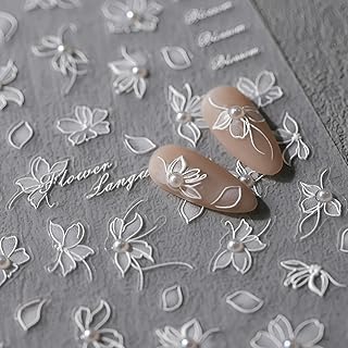 White Flower Nail Art Stickers 5D Embossed Spring Summer Nail Stickers for Nail Art Flower Nail Decals Self Adhesive White Pearl Floral Decoration Accessories for Women Girls