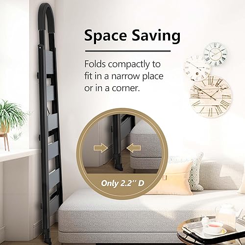 Miniatura 6 de GameGem Escalera plegable de aluminio ligero de 6 escalones con pedal antideslizante y ancho para el hogar y la cocina, ahorro de espacio (negro)